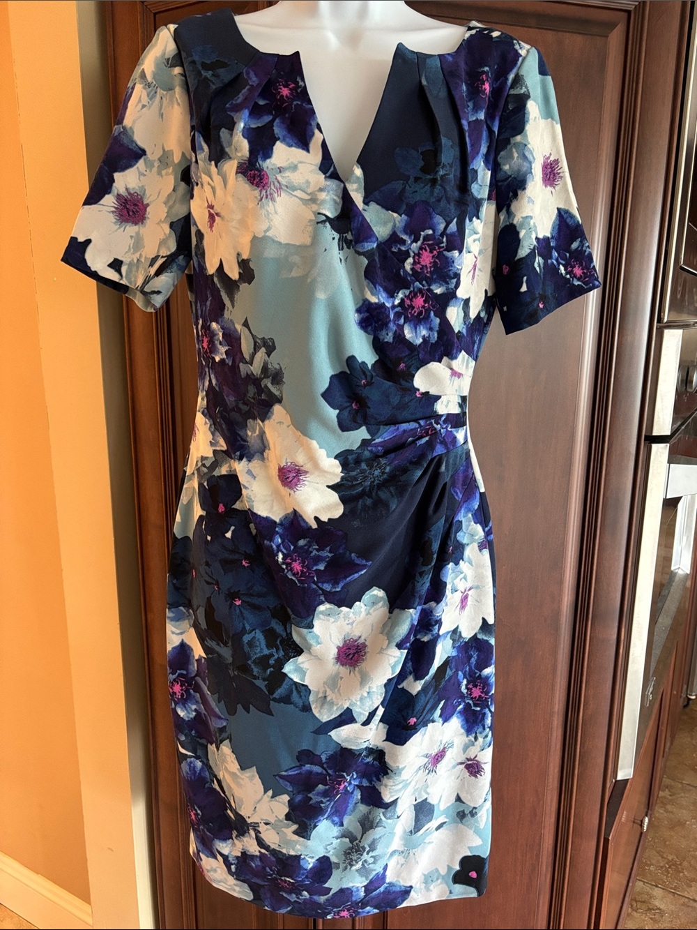 Adrianna Papell Navy, White & Purple Floral Midi Dress